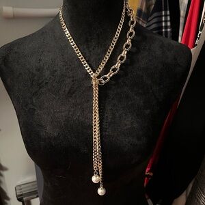 White House Black Market Gold Chain Necklace with Pearl Drops